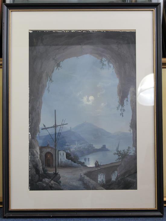 19th century Neapolitan School Italian coastline under moonlight, 23.5 x 16in.